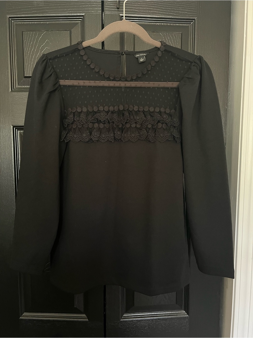 Ann Taylor | Black Swiss Dot Lace Yoke 3/4 Sleeve Top